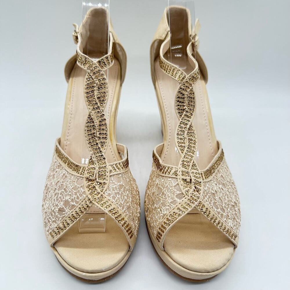 Top Moda Sandal Womens 10 Beige‎ Rhinestone Strappy Lace Sandal NEW